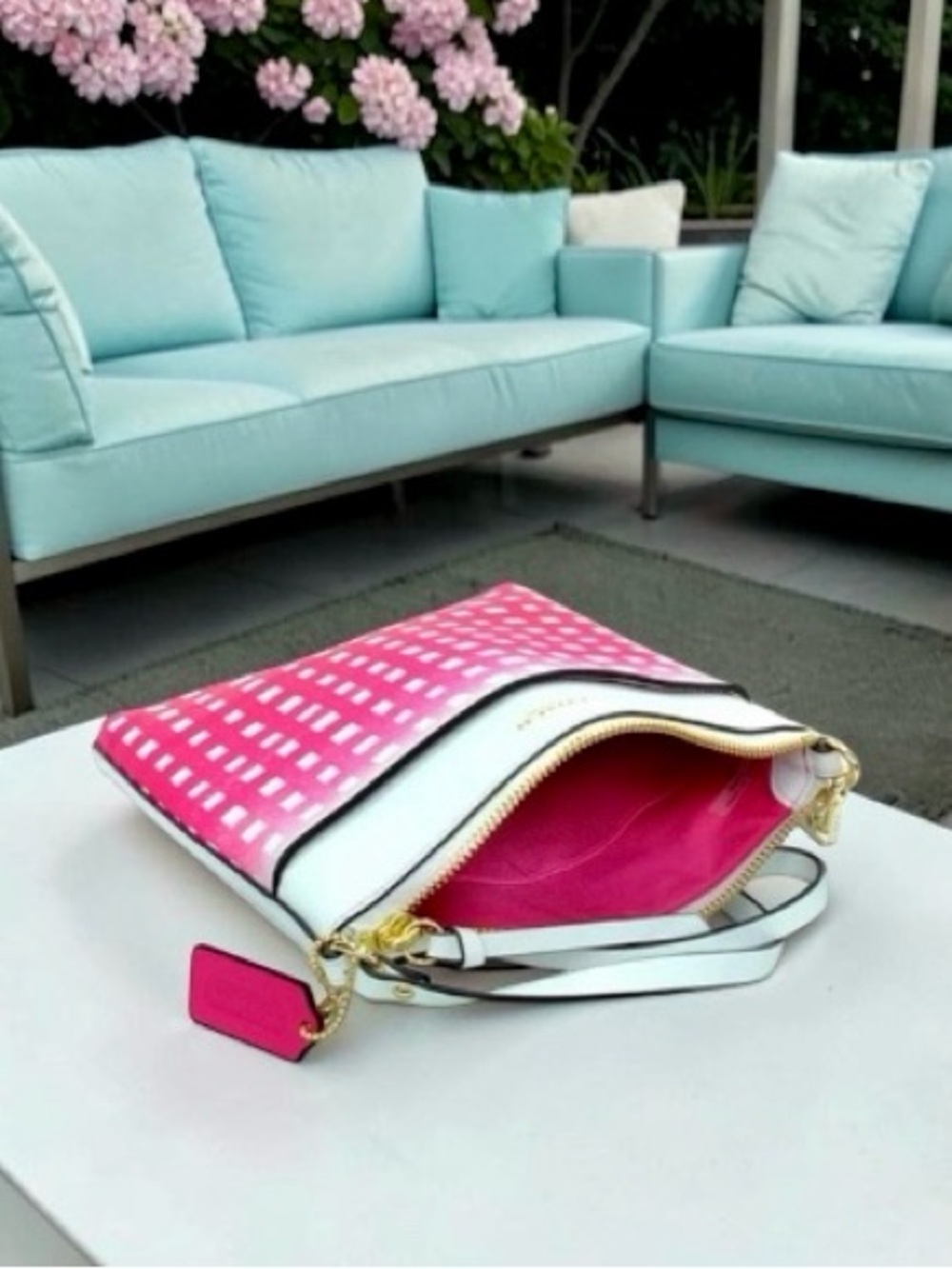 New! COACH Pink Ruby Ombre Gingham Saffiano Leather Swingpack Crossbody (NWT) - Picture 7 of 9